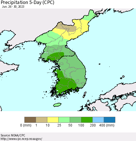 Korea Precipitation 5-Day (CPC) Thematic Map For 6/26/2023 - 6/30/2023