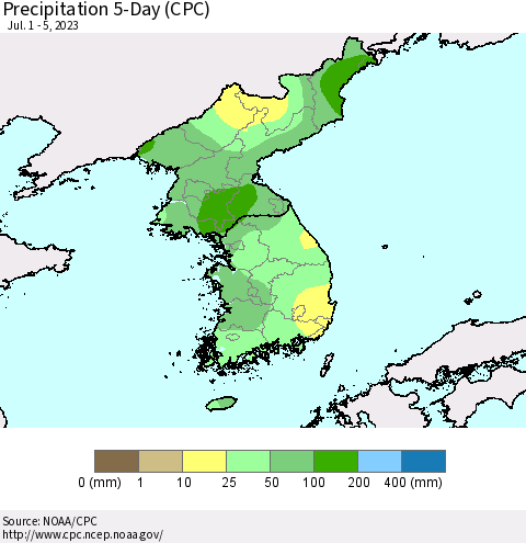 Korea Precipitation 5-Day (CPC) Thematic Map For 7/1/2023 - 7/5/2023