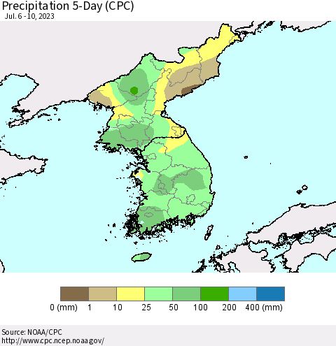 Korea Precipitation 5-Day (CPC) Thematic Map For 7/6/2023 - 7/10/2023