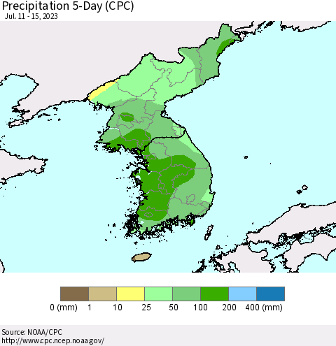 Korea Precipitation 5-Day (CPC) Thematic Map For 7/11/2023 - 7/15/2023