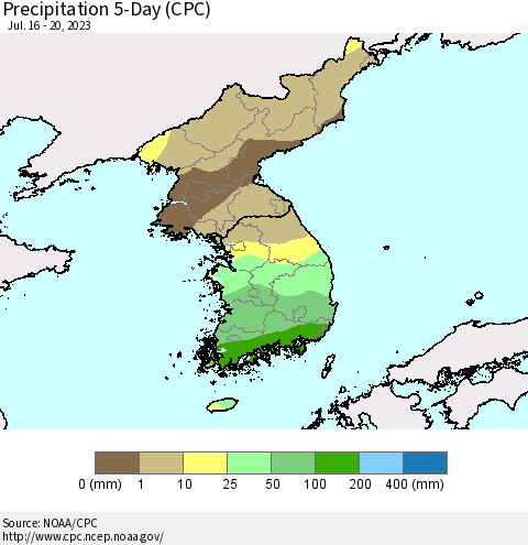 Korea Precipitation 5-Day (CPC) Thematic Map For 7/16/2023 - 7/20/2023