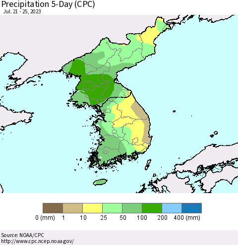 Korea Precipitation 5-Day (CPC) Thematic Map For 7/21/2023 - 7/25/2023