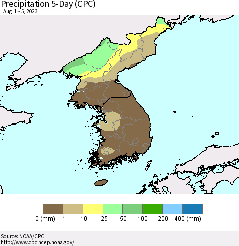 Korea Precipitation 5-Day (CPC) Thematic Map For 8/1/2023 - 8/5/2023