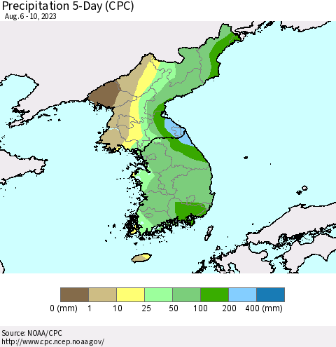 Korea Precipitation 5-Day (CPC) Thematic Map For 8/6/2023 - 8/10/2023