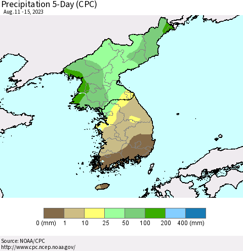 Korea Precipitation 5-Day (CPC) Thematic Map For 8/11/2023 - 8/15/2023
