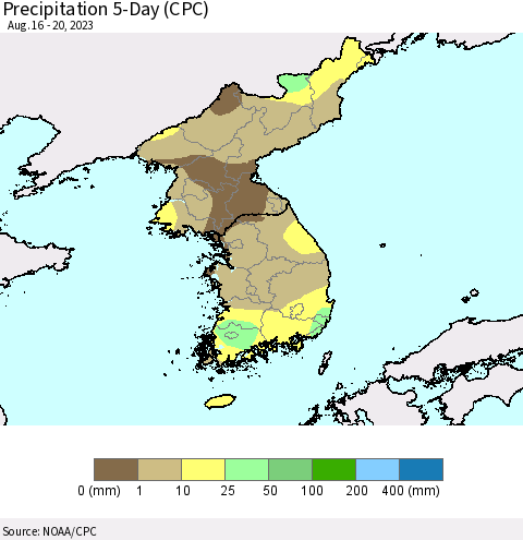 Korea Precipitation 5-Day (CPC) Thematic Map For 8/16/2023 - 8/20/2023