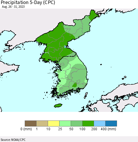 Korea Precipitation 5-Day (CPC) Thematic Map For 8/26/2023 - 8/31/2023