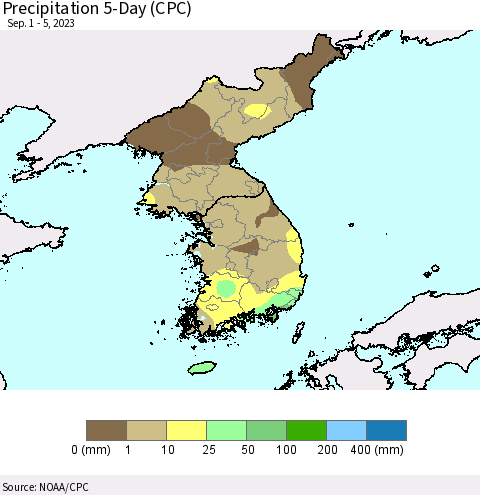 Korea Precipitation 5-Day (CPC) Thematic Map For 9/1/2023 - 9/5/2023