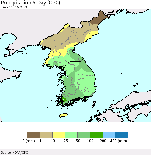 Korea Precipitation 5-Day (CPC) Thematic Map For 9/11/2023 - 9/15/2023