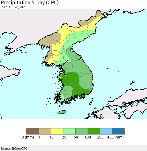 Korea Precipitation 5-Day (CPC) Thematic Map For 9/16/2023 - 9/20/2023