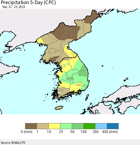 Korea Precipitation 5-Day (CPC) Thematic Map For 9/21/2023 - 9/25/2023