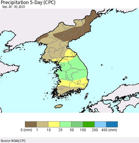 Korea Precipitation 5-Day (CPC) Thematic Map For 9/26/2023 - 9/30/2023