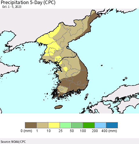 Korea Precipitation 5-Day (CPC) Thematic Map For 10/1/2023 - 10/5/2023