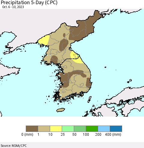 Korea Precipitation 5-Day (CPC) Thematic Map For 10/6/2023 - 10/10/2023