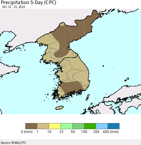 Korea Precipitation 5-Day (CPC) Thematic Map For 10/11/2023 - 10/15/2023