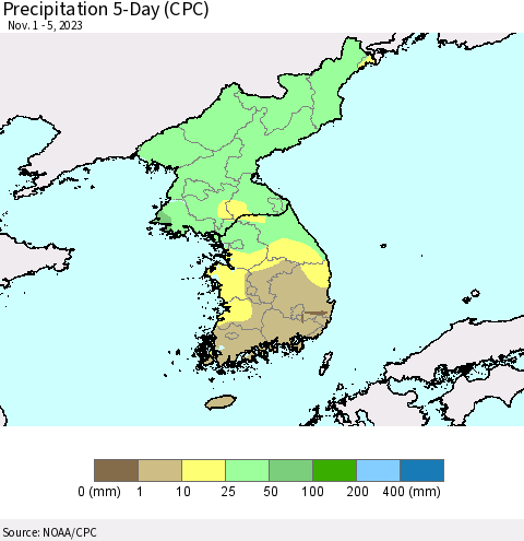 Korea Precipitation 5-Day (CPC) Thematic Map For 11/1/2023 - 11/5/2023