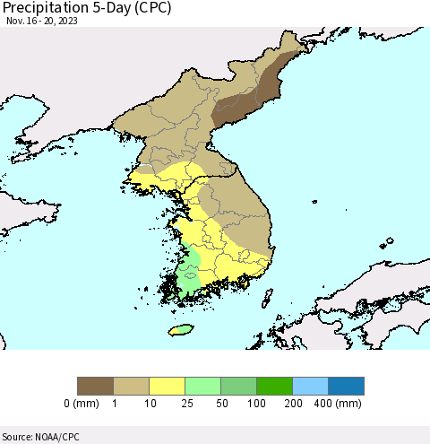 Korea Precipitation 5-Day (CPC) Thematic Map For 11/16/2023 - 11/20/2023