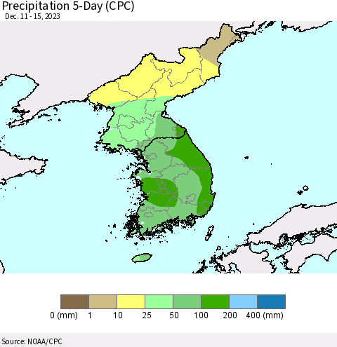 Korea Precipitation 5-Day (CPC) Thematic Map For 12/11/2023 - 12/15/2023