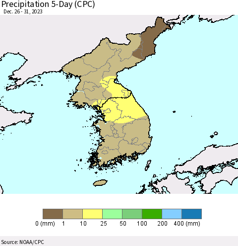Korea Precipitation 5-Day (CPC) Thematic Map For 12/26/2023 - 12/31/2023