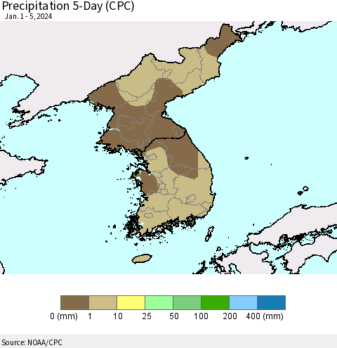 Korea Precipitation 5-Day (CPC) Thematic Map For 1/1/2024 - 1/5/2024