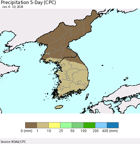 Korea Precipitation 5-Day (CPC) Thematic Map For 1/6/2024 - 1/10/2024