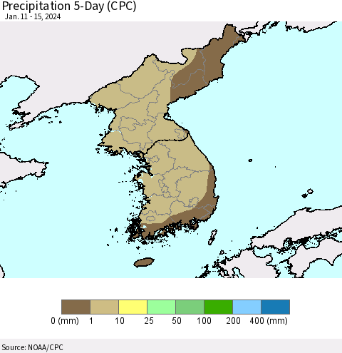 Korea Precipitation 5-Day (CPC) Thematic Map For 1/11/2024 - 1/15/2024