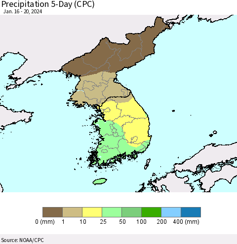 Korea Precipitation 5-Day (CPC) Thematic Map For 1/16/2024 - 1/20/2024