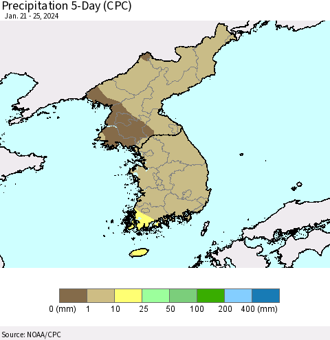 Korea Precipitation 5-Day (CPC) Thematic Map For 1/21/2024 - 1/25/2024