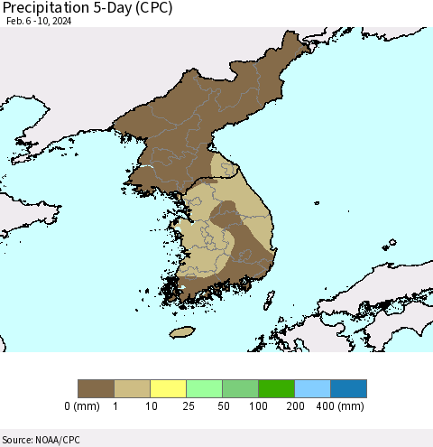 Korea Precipitation 5-Day (CPC) Thematic Map For 2/6/2024 - 2/10/2024