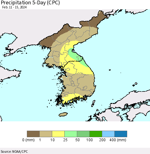 Korea Precipitation 5-Day (CPC) Thematic Map For 2/11/2024 - 2/15/2024
