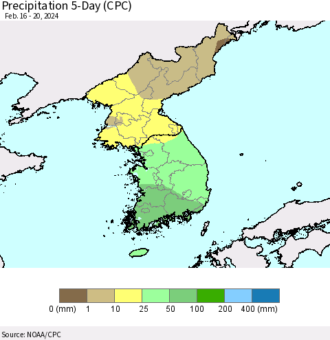 Korea Precipitation 5-Day (CPC) Thematic Map For 2/16/2024 - 2/20/2024