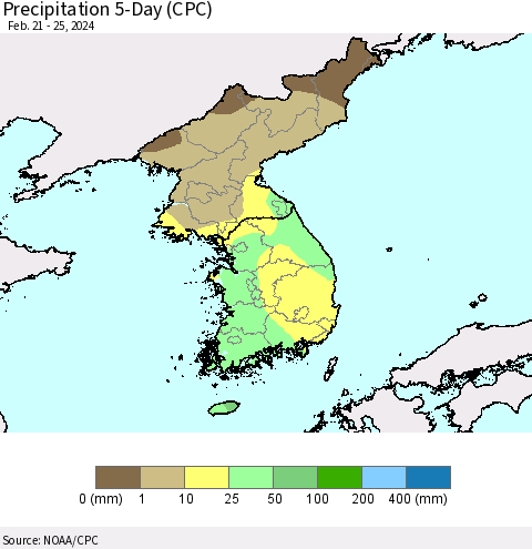Korea Precipitation 5-Day (CPC) Thematic Map For 2/21/2024 - 2/25/2024