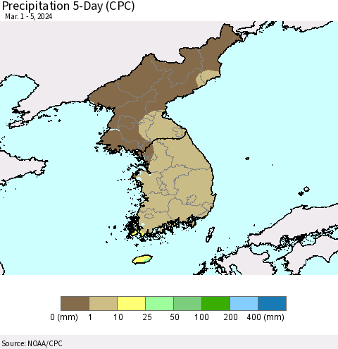 Korea Precipitation 5-Day (CPC) Thematic Map For 3/1/2024 - 3/5/2024