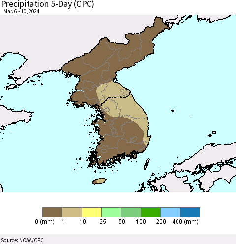 Korea Precipitation 5-Day (CPC) Thematic Map For 3/6/2024 - 3/10/2024