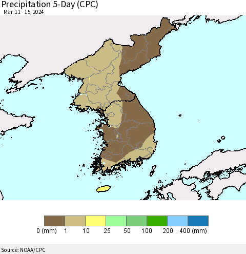 Korea Precipitation 5-Day (CPC) Thematic Map For 3/11/2024 - 3/15/2024