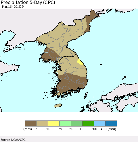 Korea Precipitation 5-Day (CPC) Thematic Map For 3/16/2024 - 3/20/2024