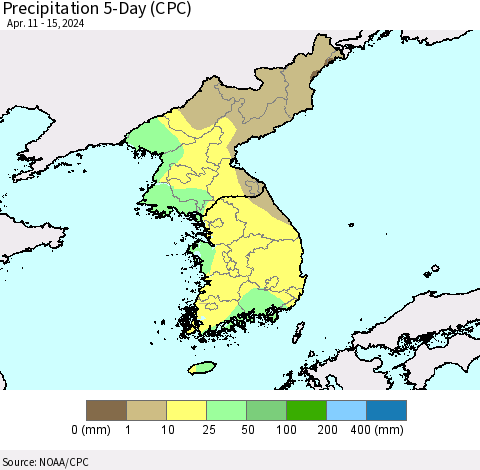Korea Precipitation 5-Day (CPC) Thematic Map For 4/11/2024 - 4/15/2024