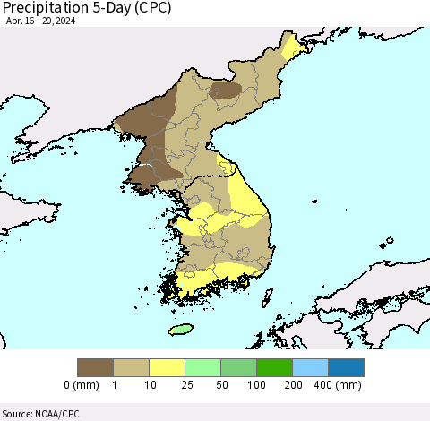 Korea Precipitation 5-Day (CPC) Thematic Map For 4/16/2024 - 4/20/2024