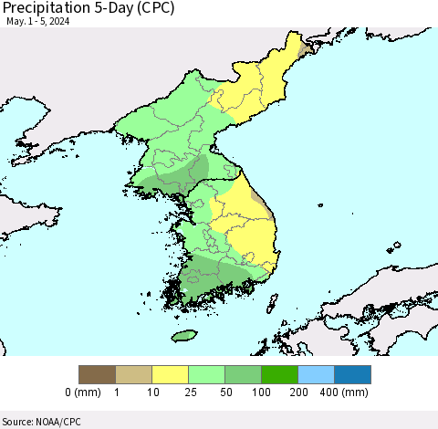 Korea Precipitation 5-Day (CPC) Thematic Map For 5/1/2024 - 5/5/2024