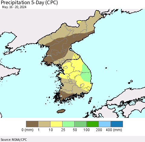 Korea Precipitation 5-Day (CPC) Thematic Map For 5/16/2024 - 5/20/2024
