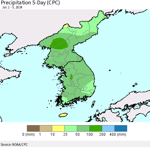 Korea Precipitation 5-Day (CPC) Thematic Map For 7/1/2024 - 7/5/2024