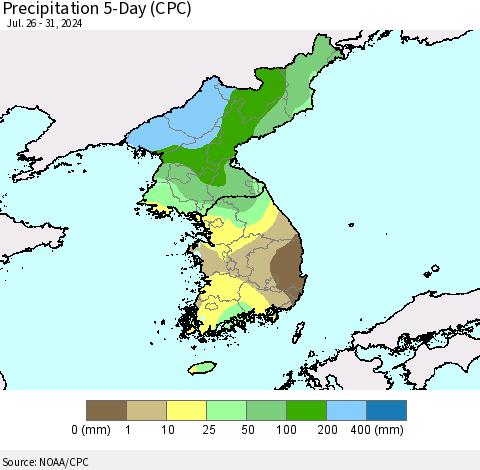 Korea Precipitation 5-Day (CPC) Thematic Map For 7/26/2024 - 7/31/2024