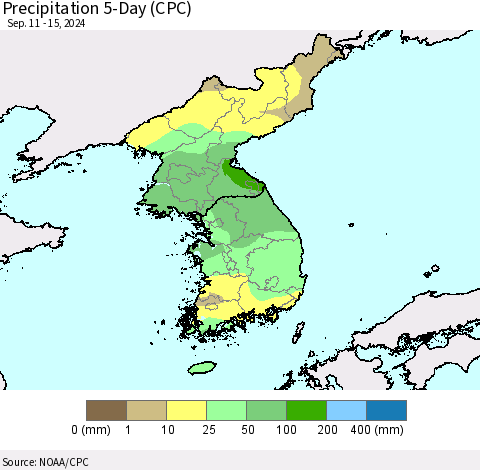 Korea Precipitation 5-Day (CPC) Thematic Map For 9/11/2024 - 9/15/2024