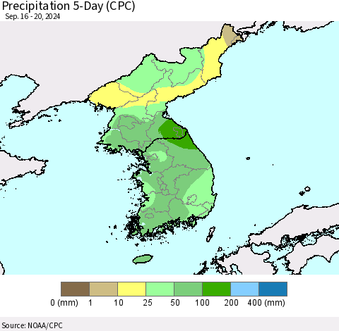 Korea Precipitation 5-Day (CPC) Thematic Map For 9/16/2024 - 9/20/2024