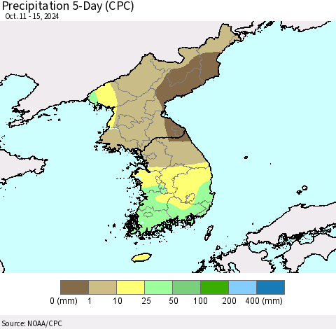 Korea Precipitation 5-Day (CPC) Thematic Map For 10/11/2024 - 10/15/2024
