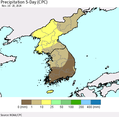 Korea Precipitation 5-Day (CPC) Thematic Map For 11/16/2024 - 11/20/2024
