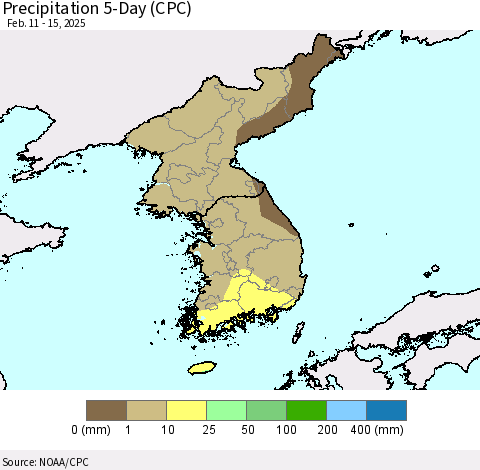 Korea Precipitation 5-Day (CPC) Thematic Map For 2/11/2025 - 2/15/2025