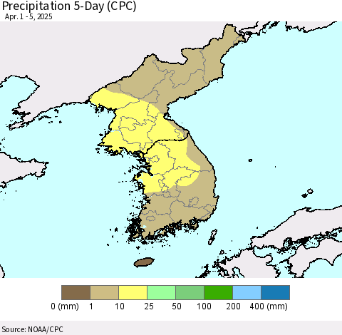 Korea Precipitation 5-Day (CPC) Thematic Map For 4/1/2025 - 4/5/2025