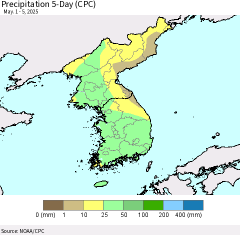 Korea Precipitation 5-Day (CPC) Thematic Map For 5/1/2025 - 5/5/2025