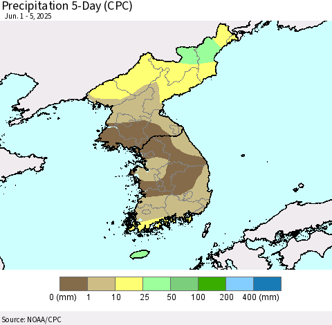 Korea Precipitation 5-Day (CPC) Thematic Map For 6/1/2025 - 6/5/2025